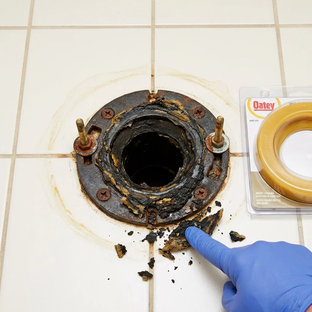 Failed wax ring showing water seepage at the base of a toilet in a Erie, CO home