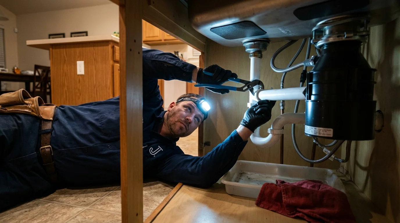 P-trap and supply line connections under a kitchen sink showing a common leak point in Erie, CO